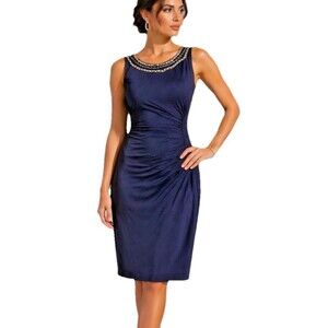 Xscape Navy Cocktail Dress Size 10 Sleeveless Chain Neck Ruched